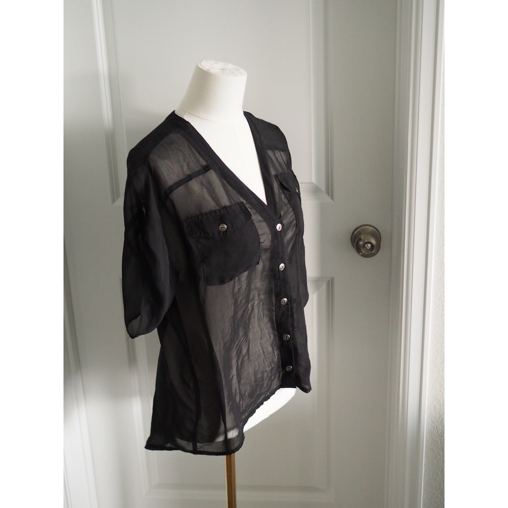 Umgee Black Sheer Button Down Blouse Minimalist Small Good Button Back Pockets